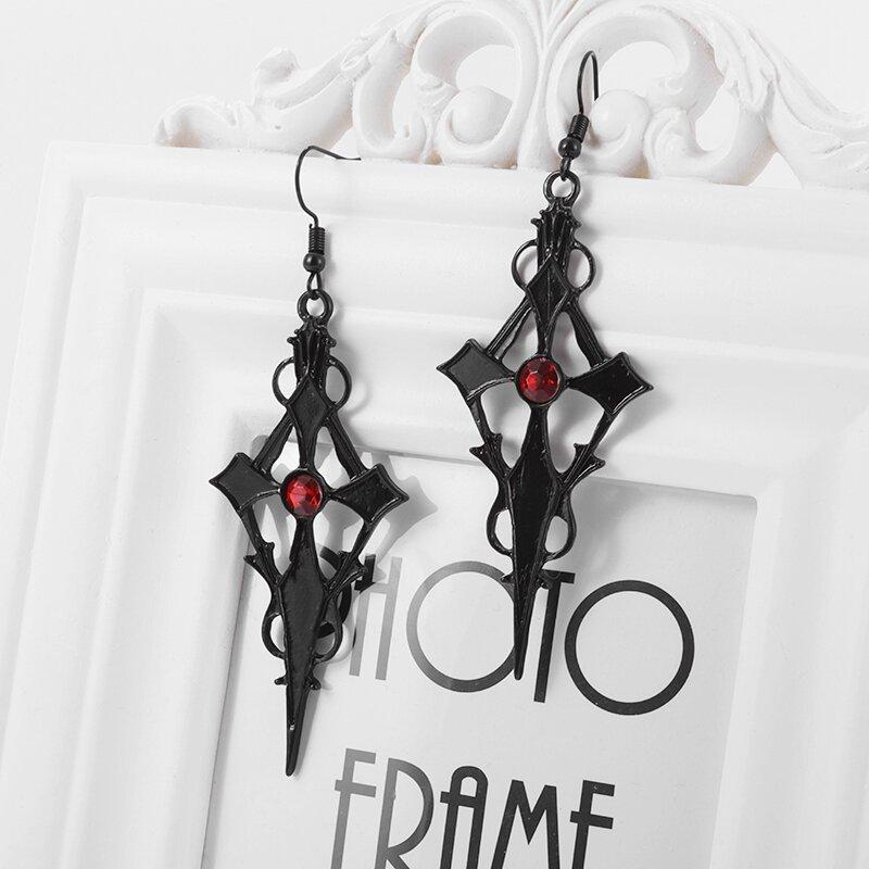 Vintage Black Pointed Cross Dagger Vampire Pendant Necklace Earrings Ladies Alternative Gothic Punk Halloween Jewelry Set