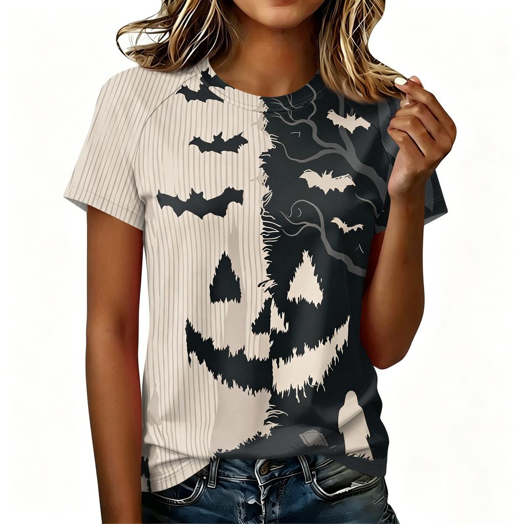 Womens Raglan Sleeve Casual T Shirt Halloween Print Short Sleeve Top Crew Neck Comfortable Fit Lightweight Fabric