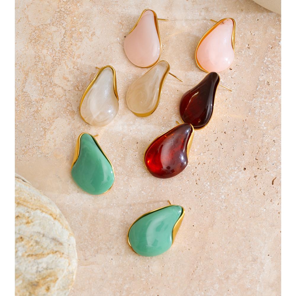 Yhpup Fashion Resin Acrylic Water Drop Stud Earrings 18K Golden Plated Stainless Steel Y2K Daily Jewelry Pink Beige Amber Green
