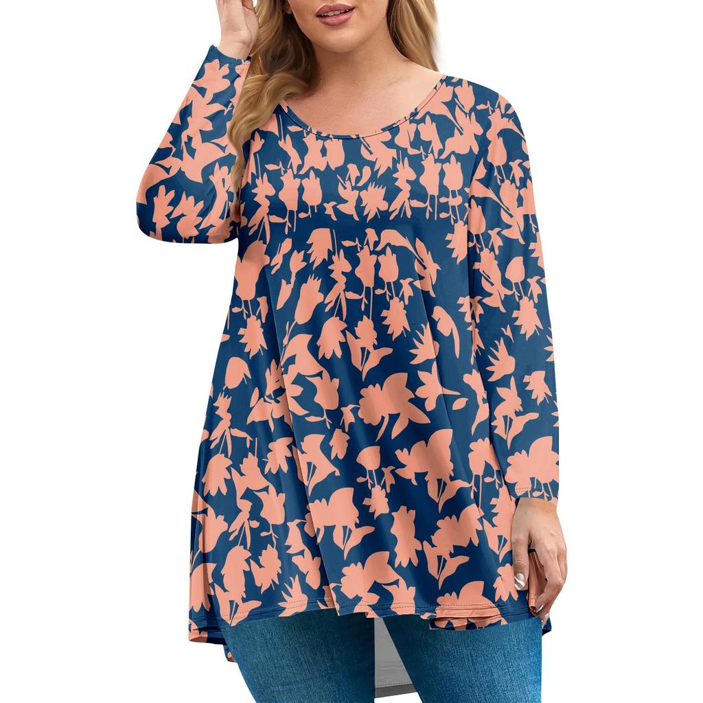 Dames pluss størrelse topp, hageskrage langermet skjorte, moteriktig blomsterprint avslappet topp