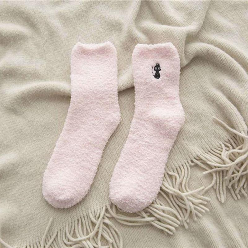

Утепленные женские хлопковые плюшевые утепленные носки с вышивкой кота, женские забавные милые носки для сна, зимние носки 1 Pair розовый