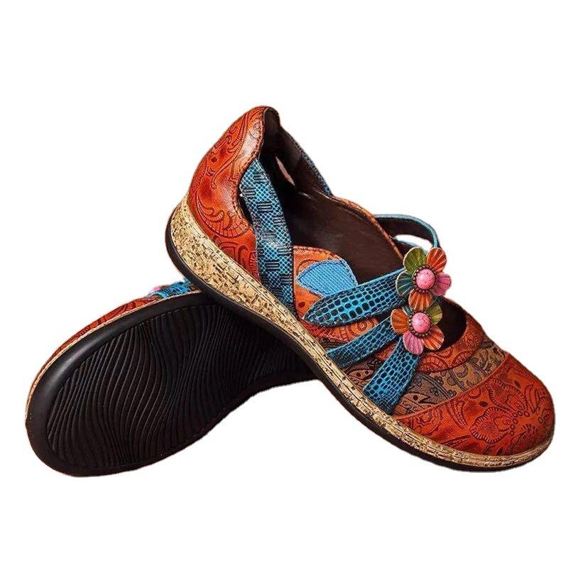 2025 Spring and Autumn Ethnic Style Flower Women's Shoes Color Matching Hollow Flat Bottom Single Shoes Size Size 31-44