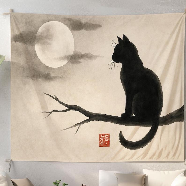 Japanese black cat tapestry 75x100 чёрный