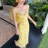 French pure desire style yellow floral suspender dress women's summer new waist and thin temperament long skirt
