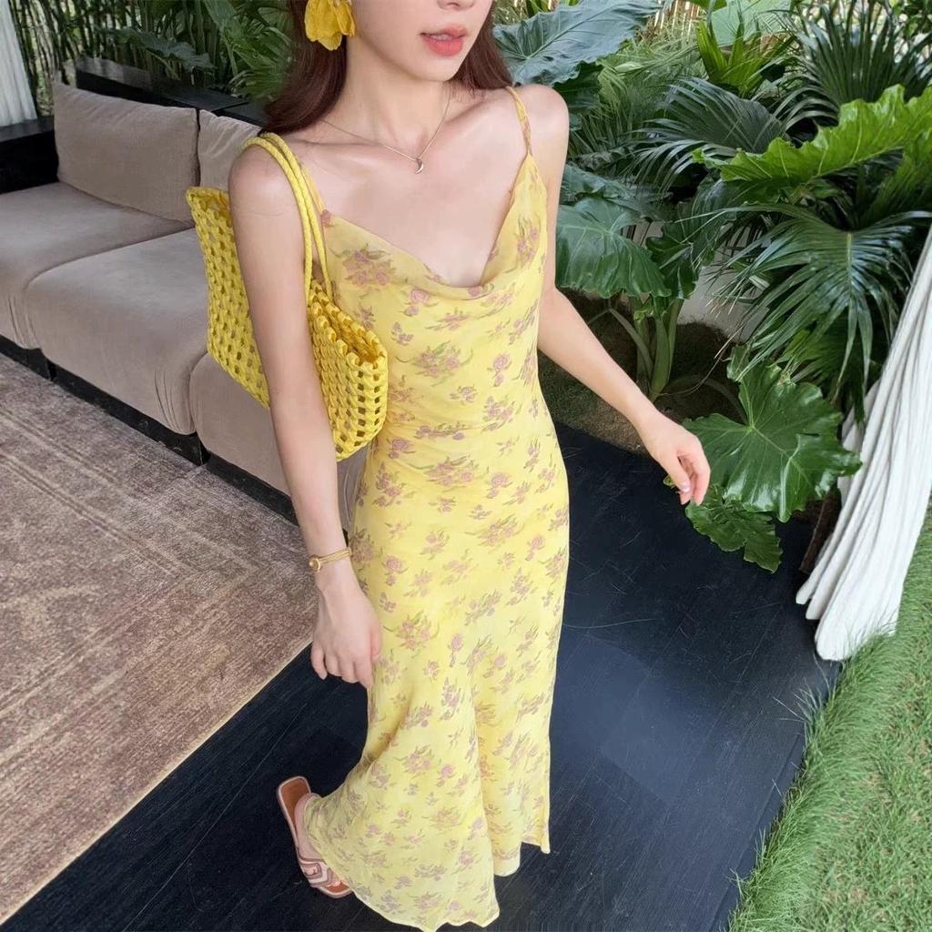 French pure desire style yellow floral suspender dress women's summer new waist and thin temperament long skirt