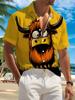 New Men's Casual Short-Sleeve Shirt: Brown Bull with Flyaway and Rounded Eyes Standing On a Grassy Slope - Versatile Holiday Party and Commuting