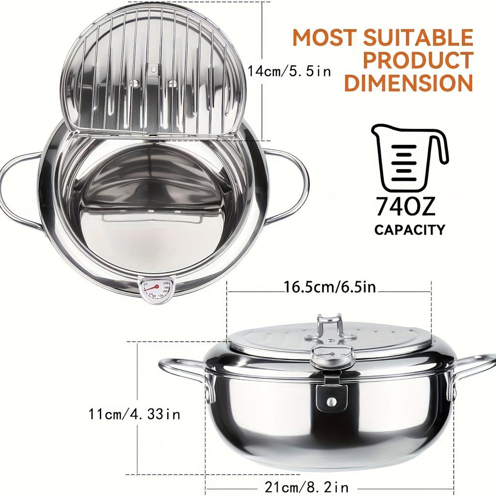 1pc 304 Stainless Steel Deep Fryer Pot, Frying Chicken Pot, Tempura Deep Fryer with A Thermometer and A Lid, Japanese Style Tempura Fryer Pan