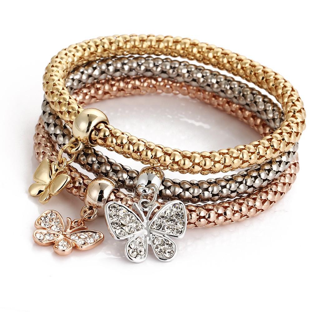 Trendy Three-Color Diamond Key Pendant Bracelet Set