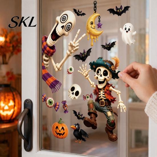 Halloween Window Stickers 2 Sheets Clings, Cartoon Skeleton Static Stickers, Funny Bat And Pumpkin Decals Ghosts Bats Pumpkins for Glass Doors Windows