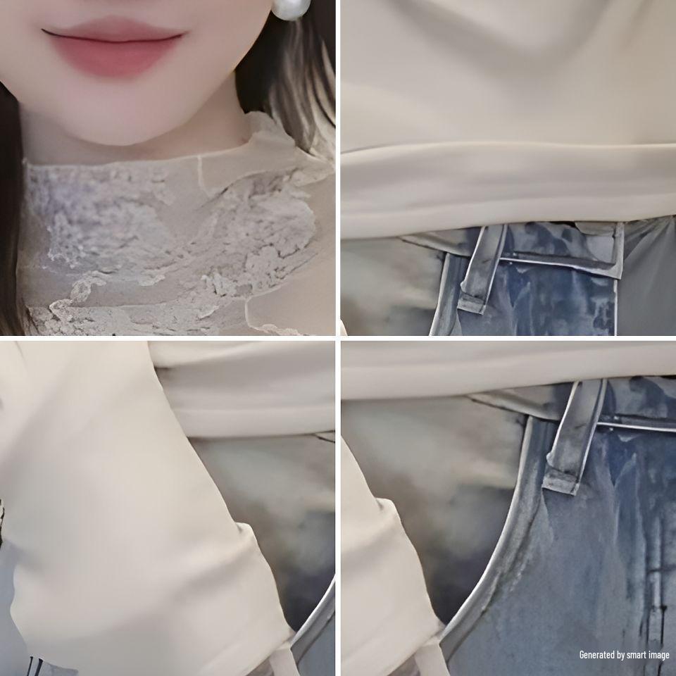 Plus Size Velvet Lace Patchwork Long Sleeve Slimming T-Shirt for Women - Half-High Collar, Warm & Stylish Autumn/Winter Top
