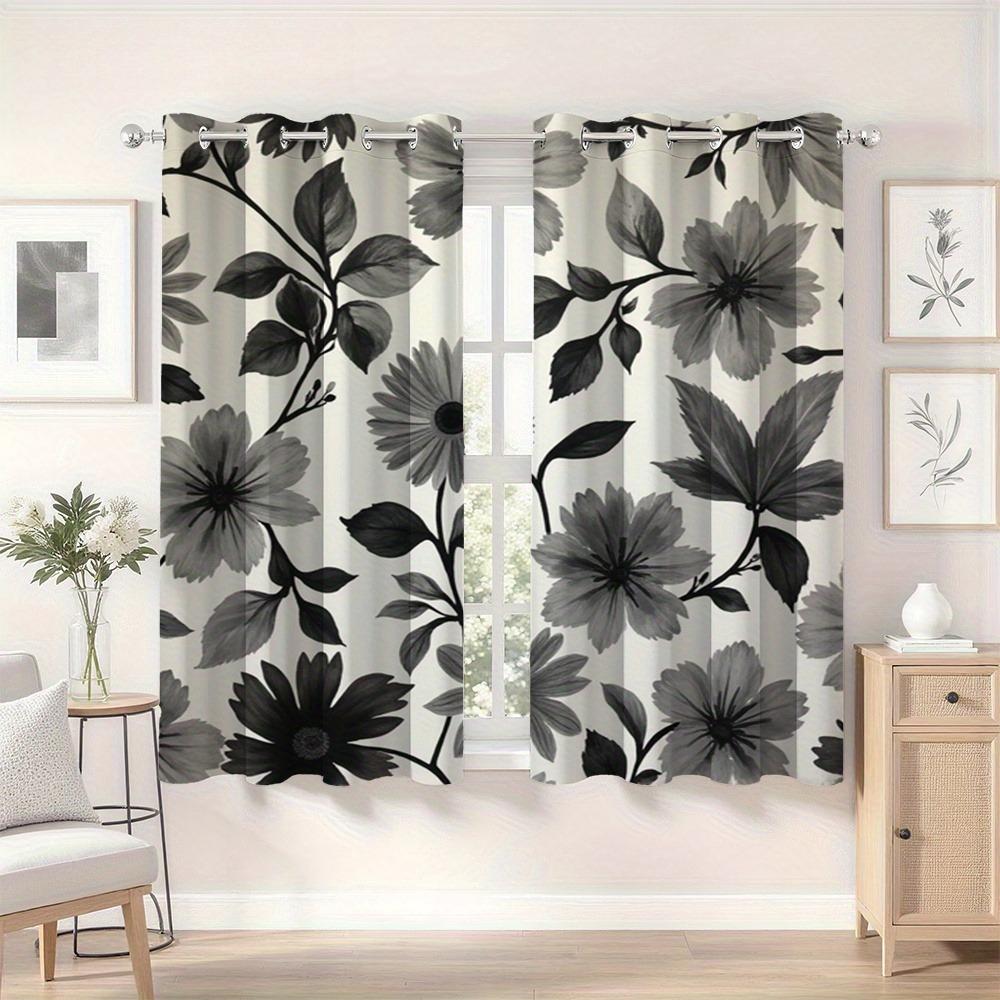Gray Floral Print Curtains Polyester Fabric Suitable Bedroom Living Room Decoration Made Of Machine Washable Window Treatment