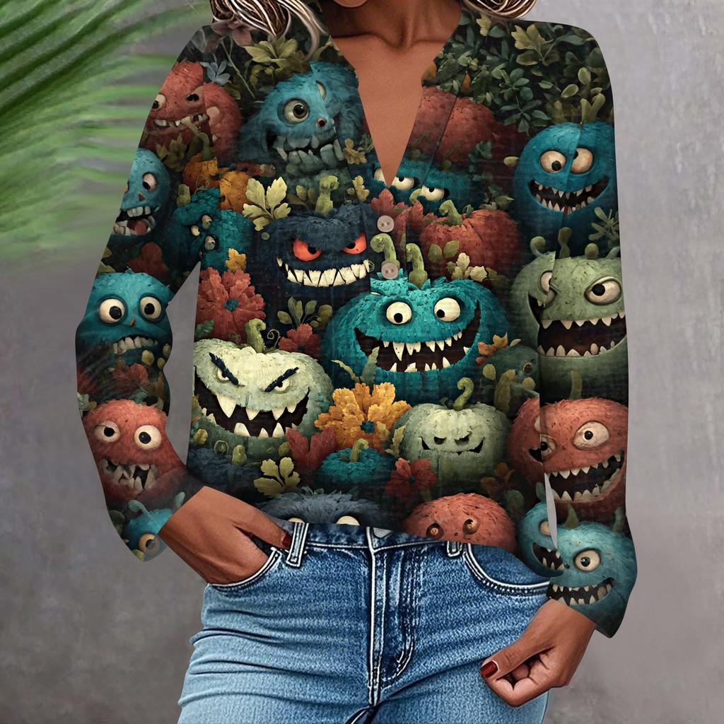 Damen Modisches Und Lässiges Hemd Langarm V-Ausschnitt Knopf Bedruckte Bluse Top