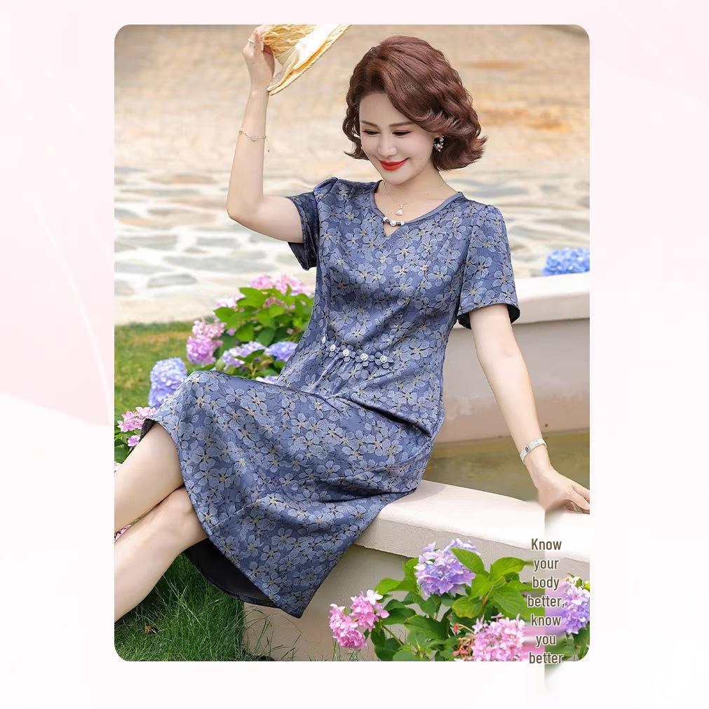 Blue Floral Print Slimming Dress for Middle-Aged and Elderly Women - Summer 2026 Fashion
