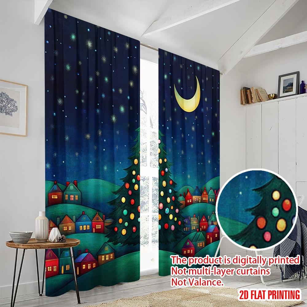 2pcs,2D Plane Printing Popular Curtain Panels Christmas Tree Village Night Polyester (without Rod) Versatile All Perfect for