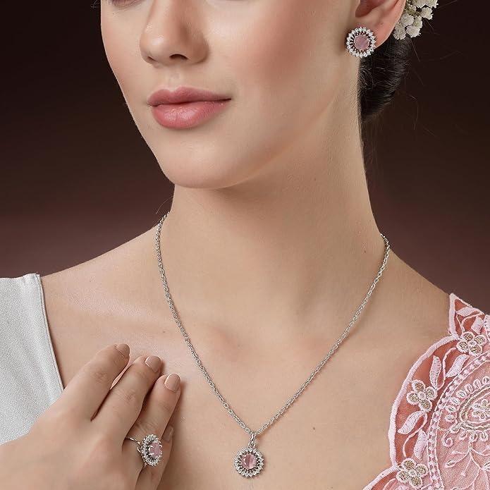 Silver Plated Luxury American Diamond Heart Crystal Pendant Ring & Earrings Combo Jewellery Set For Women