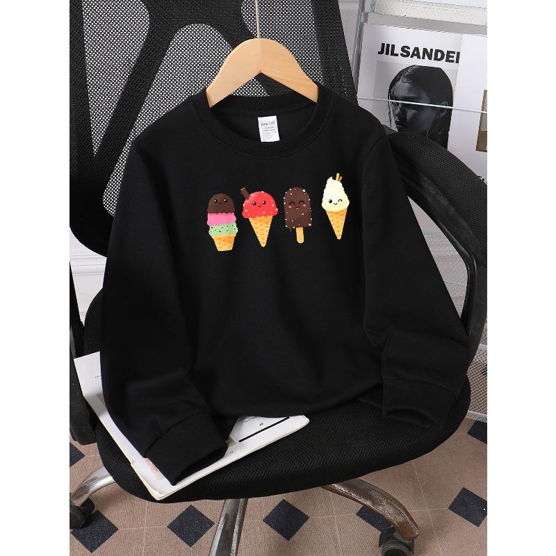 Kids Crewneck Long Sleeve Sweatshirt,Cute Cartoon Ice Cream Characters Print 110
