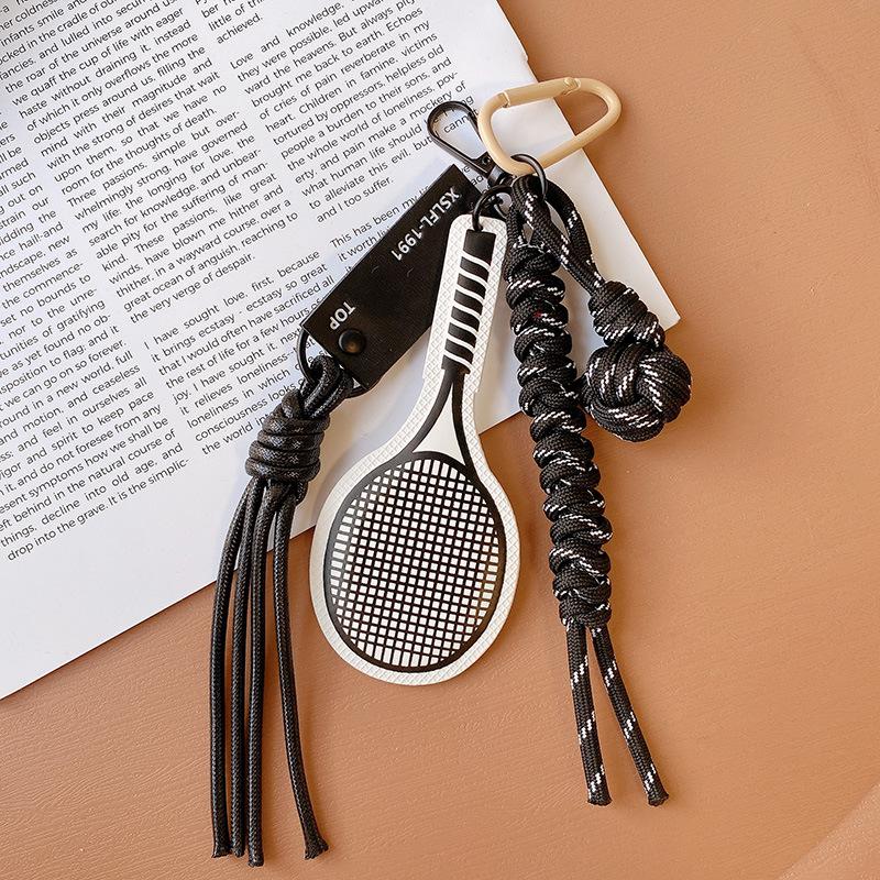 Tennis Racket Keychain Set, 4 Colors PU Racket Charm with Braided Monkey s Fist Knot Straps,Tennis Racket Keychain, Sporty Charm