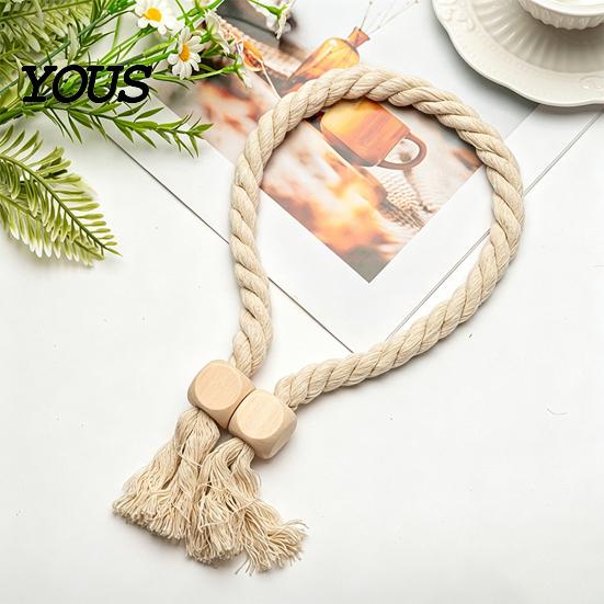 Easy Use Curtain Clips 1Pc Boho Magnetic Tieback, Twisted Rope Wooden Bead Decorative Fasteners Holders, Drapery Holdbacks for Bedroom