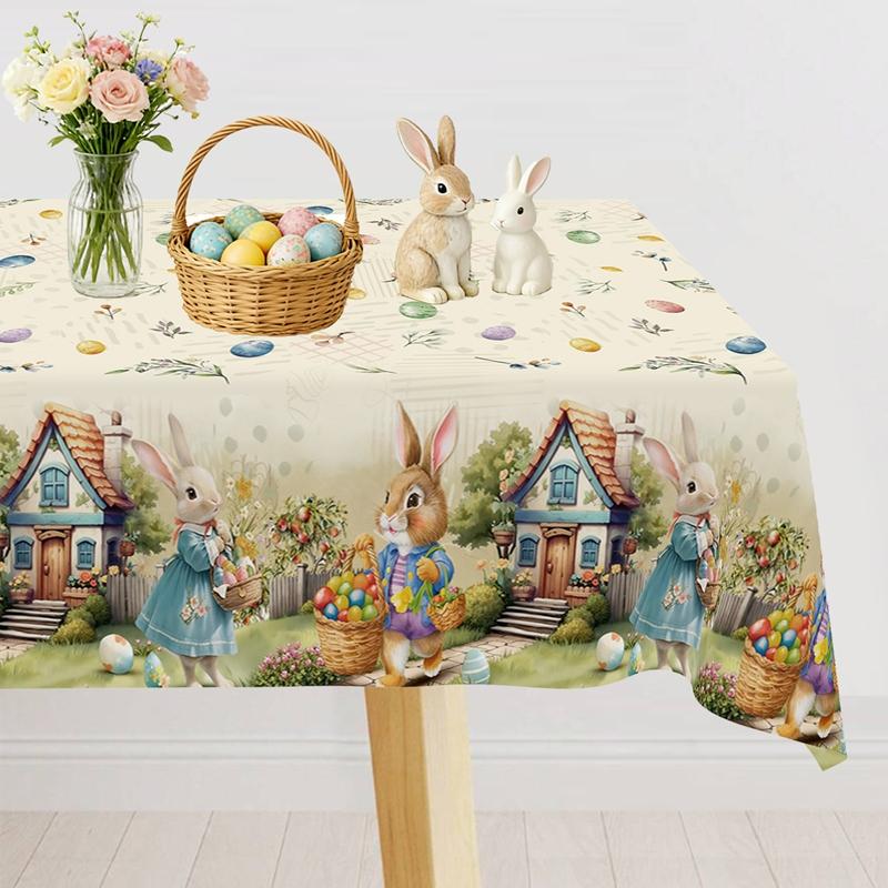 Vintage Easter Bunny Eggs Waterproof Tablecloth Holiday Party Decor Spring Floral Rectangle Table Cover Easter Decoration 2026