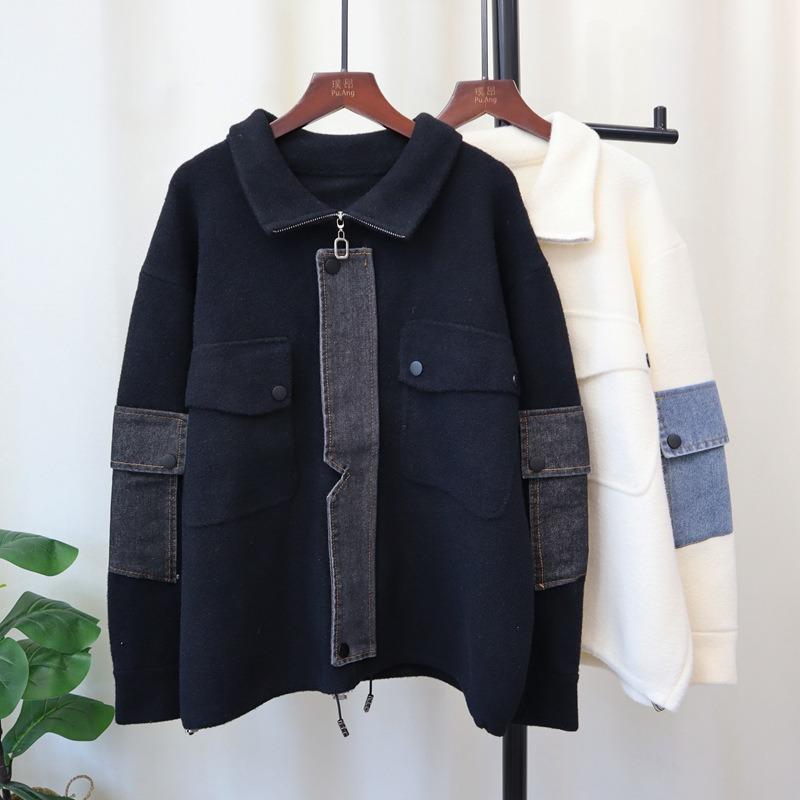 Autumn and winter new zipper denim splicing knitted double-sided woolen cardigan loose casual temperament sweater jacket women
