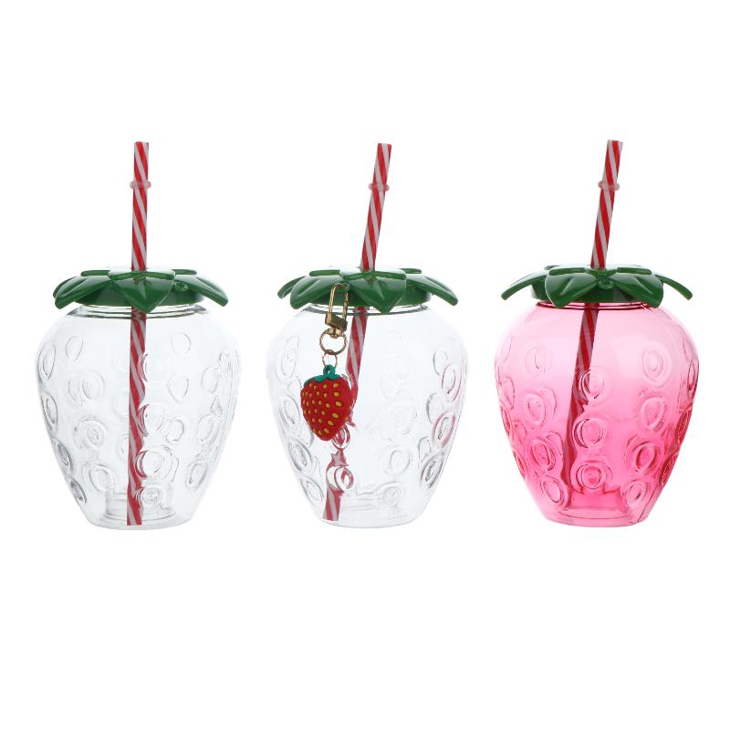 Portable Strawberry Shaped Water Bottle with Straw Cute Plastic Cup for Everyday Use
