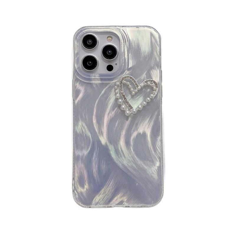 Feather Gauze Is Suitable for The Apple 15PRO Spring and Summer Simple Protective Case, Fairy Heart Pearl Chain, and Phone13 Case