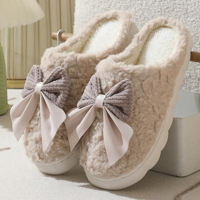 Baumwollpantoffeln mit Schmetterlingsknoten für Damen für Herbst und Winter, Indoor, dicksohlig, rutschfest und warm, niedliche Hausschuhe für die Zeit nach der Entbindung