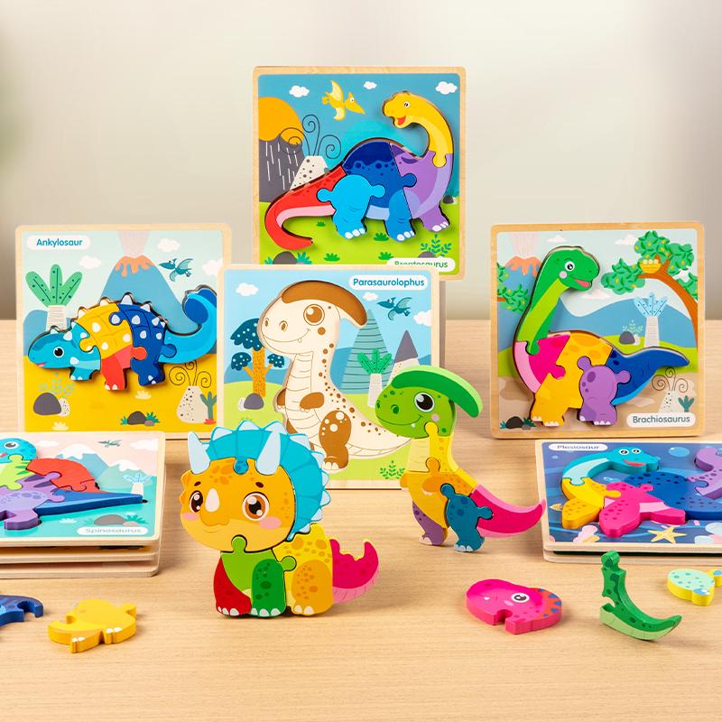 New Wooden 3D Puzzle Cartoon Dinosaur Cognitive Jigsaw Puzzle Early Learning Educational Toys Montessori Toy for Children Gifts