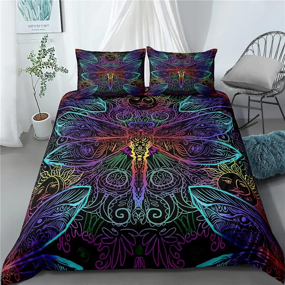 Bohemian Dragonfly King Queen Duvet Cover Mandala Paisley Bedding Set Tie Dye Trippy Gypsy Quilt Cover Polyester Comforter Cover