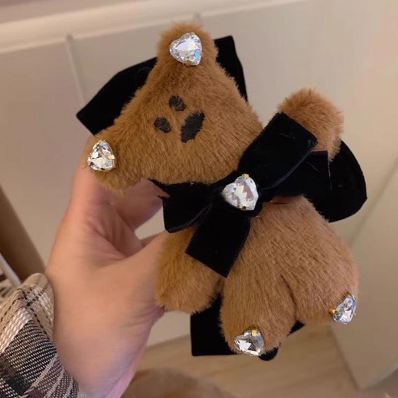 1pc Autumn and winter plush teddy bear bow clip double-sided black hair clip velvet disc hair shark clip hair accessory