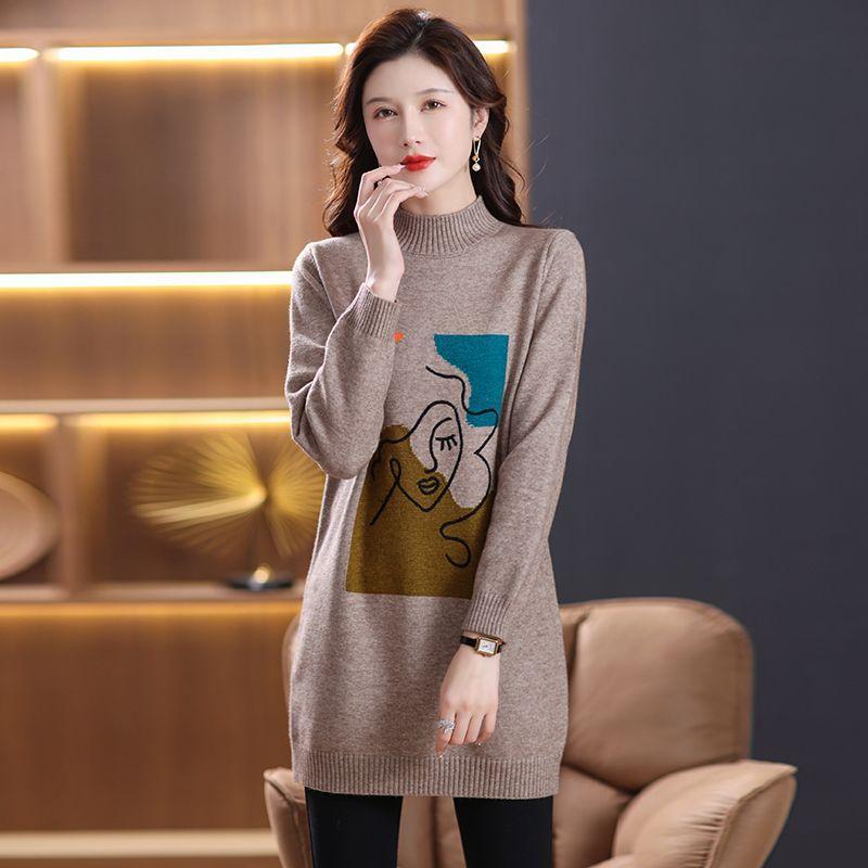 Kleid für Frau Baumwolle Winter Warm Rundhals Langarm Vintage Lässig Bedruckt Lang Stretch Strickpulloverkleider