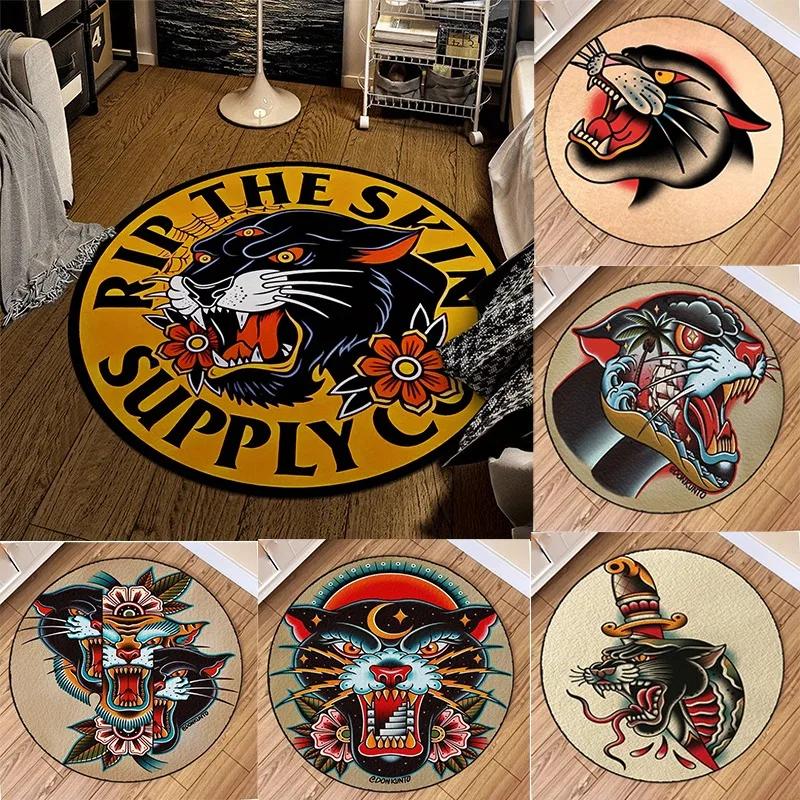 American Old School Black Panther Round Rug Polyester Area Gothic Home Decor Floor Mat Hand Wash Only Side Less Than Decoration