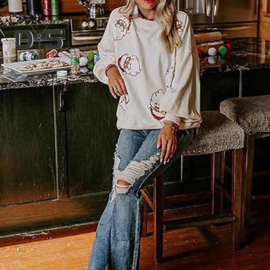 Women Christmas Sweatshirt Round Neck Sequin Santa Pattern Loose Long Lantern Sleeves Pullover Keep Warm New Year Party Top