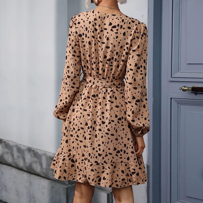 Autumn new retro light and mature style waist v-neck leopard print dress