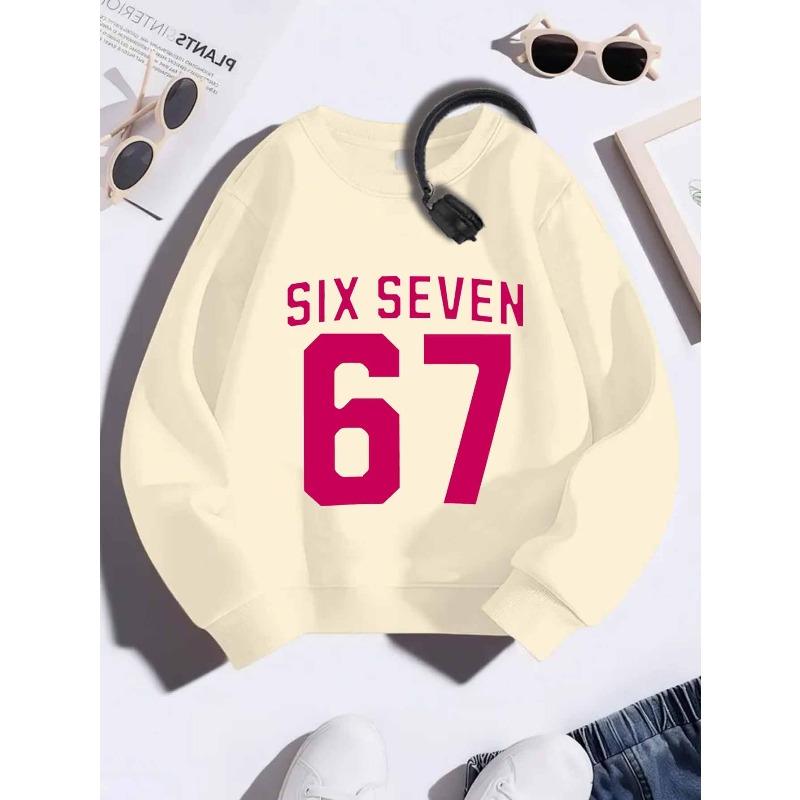 Unisex Kids Pink Crewneck Sweatshirt For 4-12 Girls Bold Magenta SIX SEVEN Large Number 67 Varsity Font Print Soft Fleece Long Sleeve Pullover