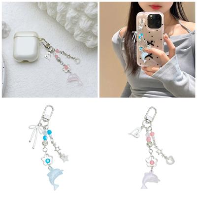 Dolphin Pendant Keychain with Heart Bowknot Charm Acrylic Beaded Keyring Fashionable Accessory for Keys and Bags