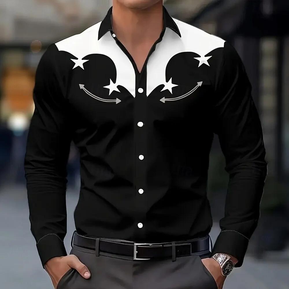 Western Style Men's Long Sleeve Shirt, Star Arrow Print, Fashionable Casual Top