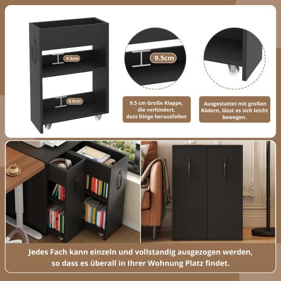 Open Storage Shelf Bookcase with Casters Mobile Sideboard Pull-Out Side Drawer Large Edge Document Protection Reversible Left/Right Configuration -