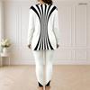 Women Plus Size Black White Striped Printed Half Zip Long Sleeve Longline Top And Fitted Pants Two Piece Set