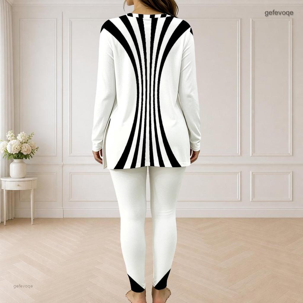 Women Plus Size Black White Striped Printed Half Zip Long Sleeve Longline Top And Fitted Pants Two Piece Set
