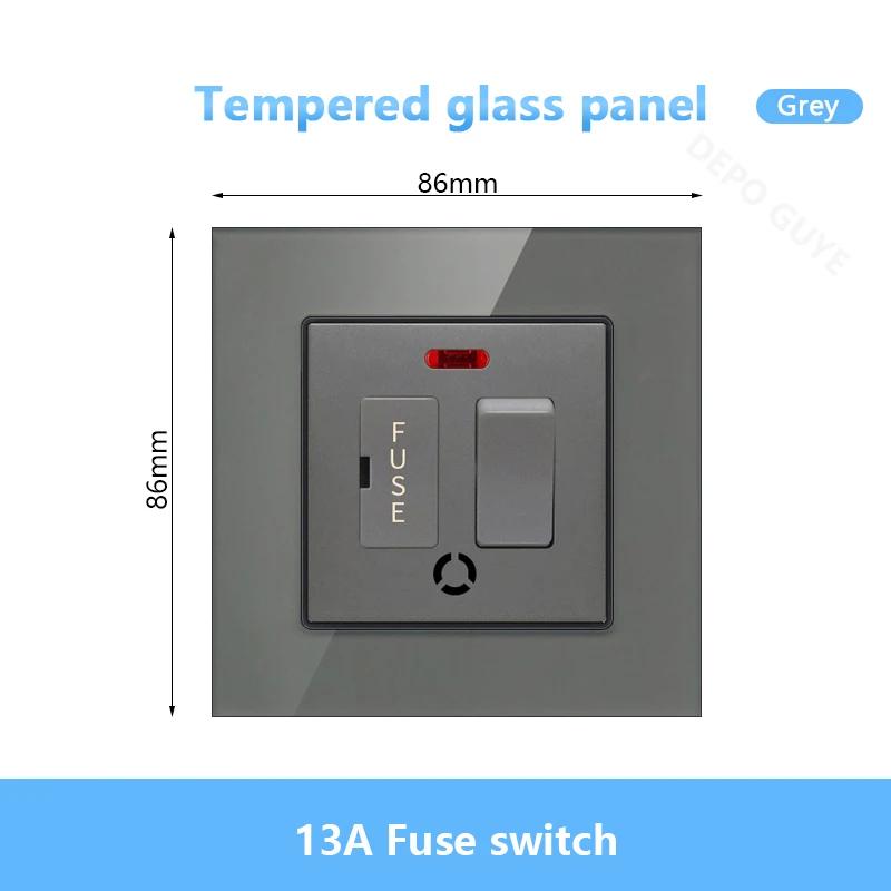 86 Type UK 13A Switch With Fuse Electrical Switch Light Spurs Neon Black White Grey Tempered glass Fuse 13A Wall Switch Panel