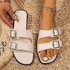 Fashion 2025 Brown Metal Buckle Flat SlipperWomen Round Head Open Toe Flatfrom Slppers for Woman Casual Cozy Indoor Thick Sole Shoe