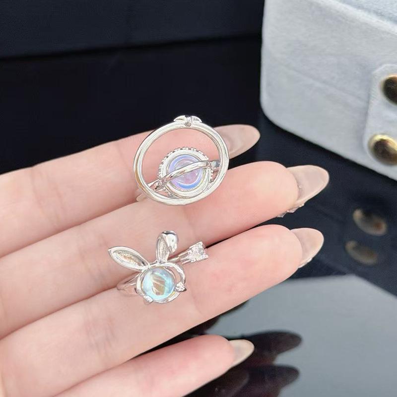 Moonstone Cute Rabbit Open Ring Planet Niche Design High-End Temperament Stacking Wearing Personalized Sweet Ring