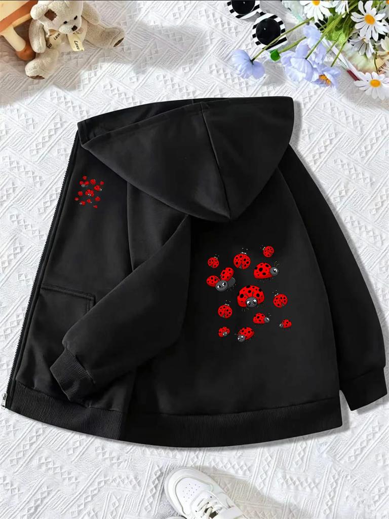 Girls Zip Up Hooded Jacket Cute Cartoon Red Ladybug Print Long Sleeve Casual Kids Hoodie For Daily Outdoor Street Outfit