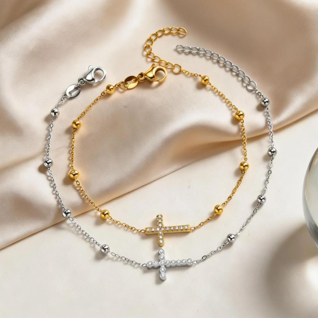 Dainty Cubic Zirconia Cross Bracelet Stainless Steel Thin Link Beads Chain 18K Gold Plated Bracelets for Women Luxury Jewelry