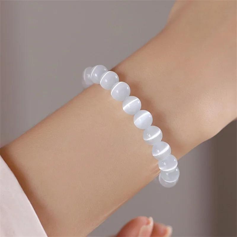 Natural White Cat Eyes Stone Bracelet Women 6/8/10mm Smooth Beaded Braslet Gifts For Lovers Moonstone Braclet