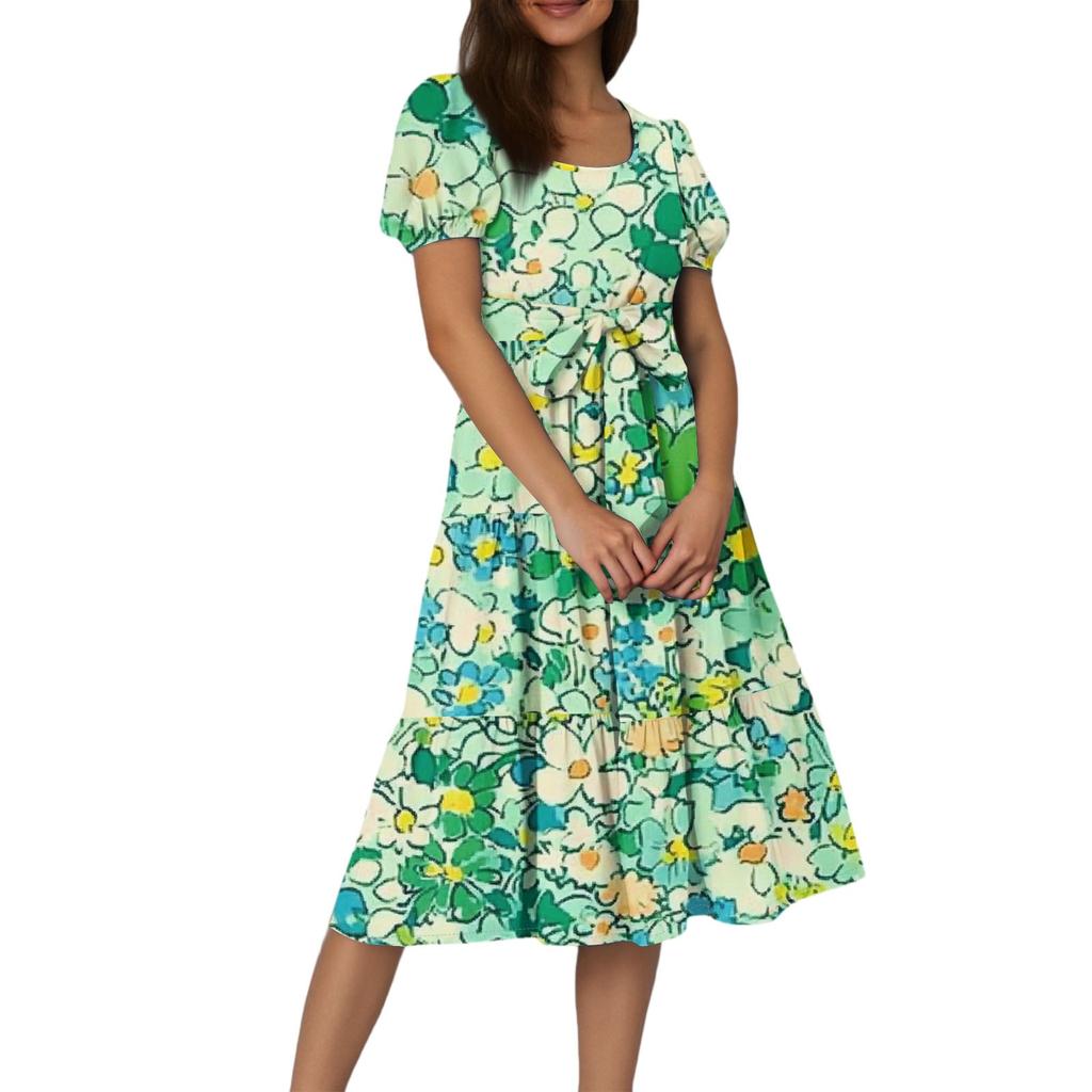 Women's Summer Floral Print Short Sleeves Neck Waistband Bohemian Flowy Layered Maxi Dress With Pockets