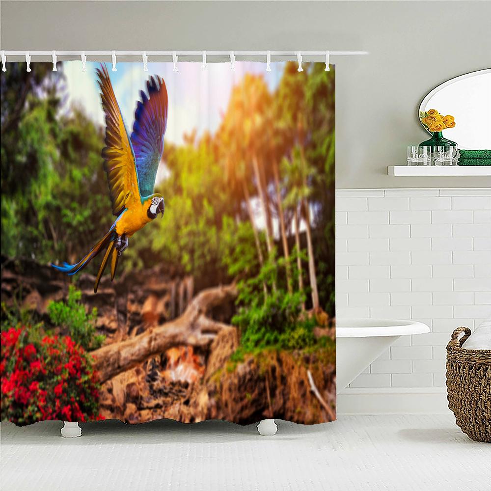 

High Quality Parrot Birds Pattern Fabric Shower Curtain Macaw Waterproof Bath Curtains for Bathroom Decor with 12 Hooks W90xH180cm