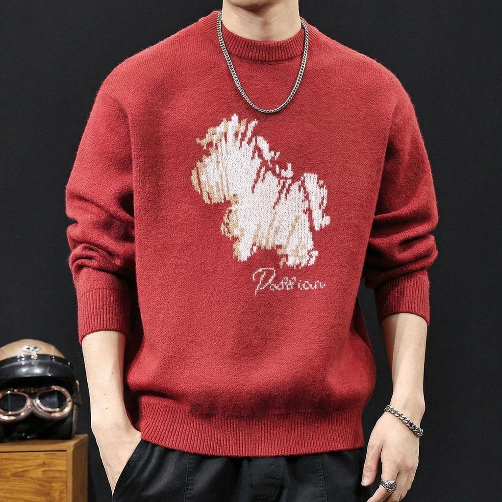 Men's Trendy Red Sweater - 2025 New Year Edition, Round Neck, Print Design, Lazy Style Knitwear, Plus Size Available