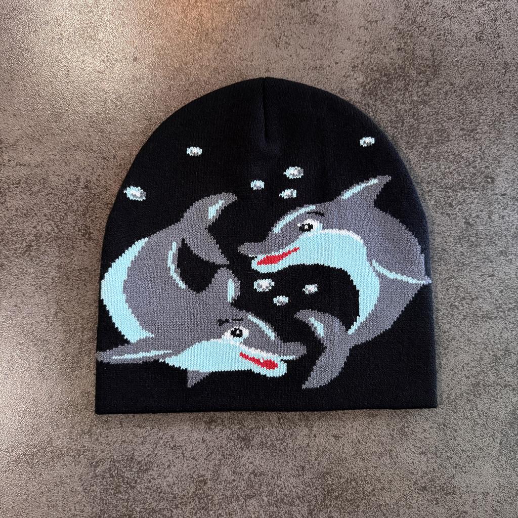 Acrylic Knit Hat With Cartoon Dolphin Embroidery Design For Daily Seasons Cold